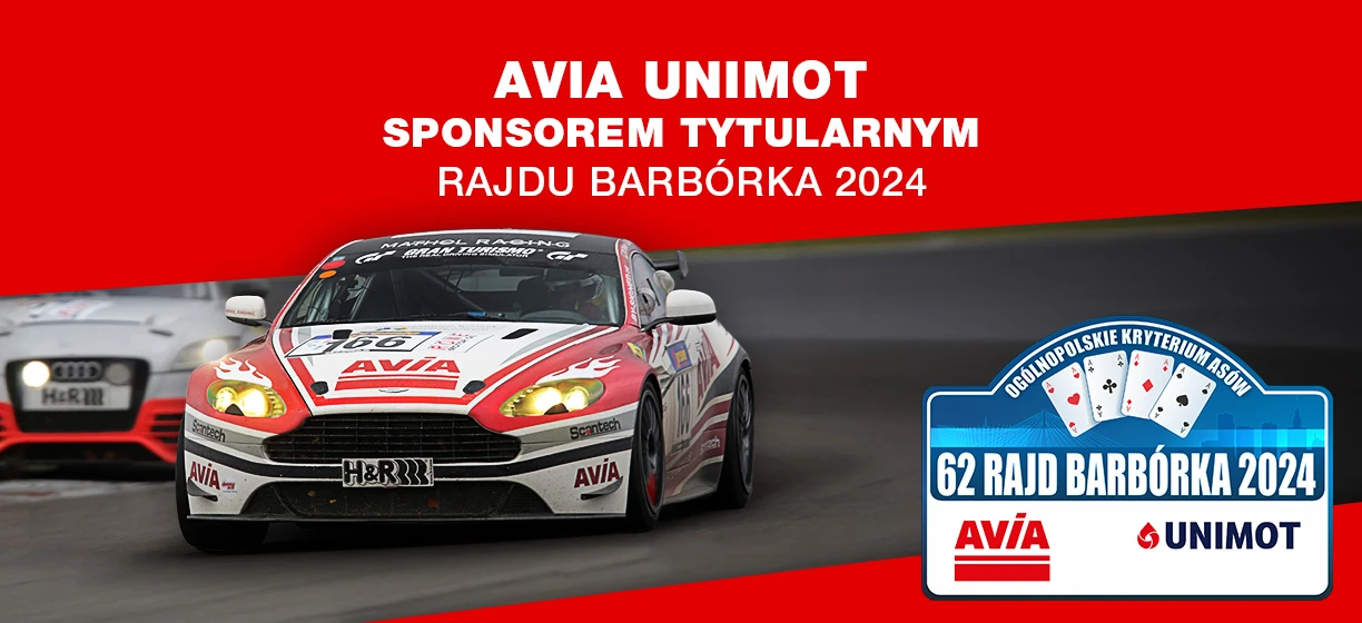 Logo firmy AVIA UNIMOT, głównego sponsora Rajdu Barbórka 2024. Prezentujący wyścigowe samochody biorące udział w Mistrzostwach Świata WRC. Reklama motorsportowa dla zbliżającego się regularnego wydarzenia rajdowego.