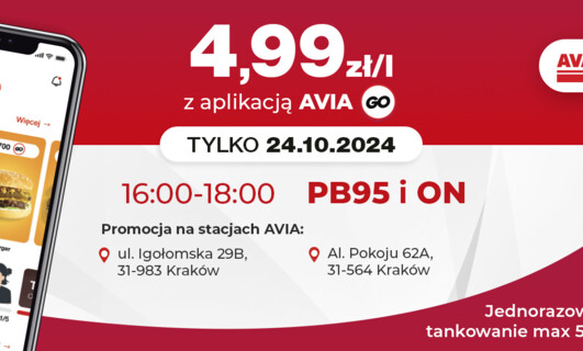 Paliwo za 4,99 zł/l na dwóch stacjach AVIA w Krakowie dla użytkowników aplikacji AVIA GO